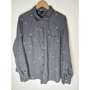 Torrid Women Size L Taylor Embroidered Button Front Shirt Gray Daisy Long Sleeve